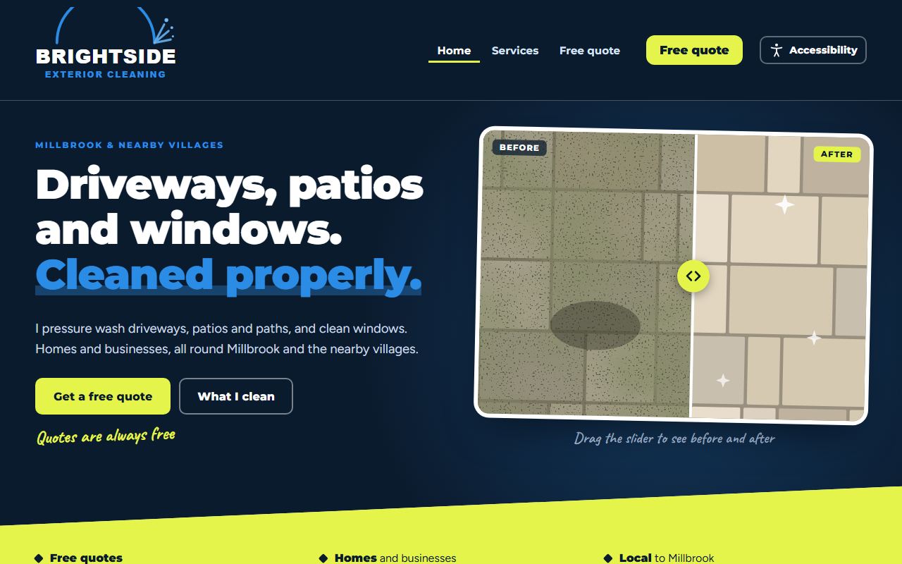 The home page of the exterior cleaning website